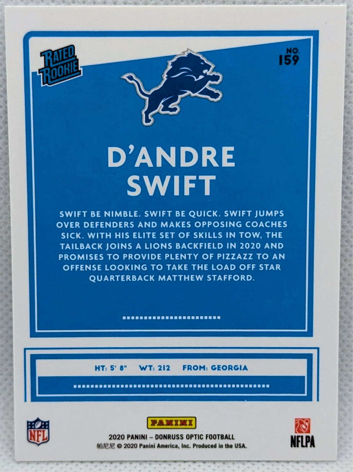 2020 Panini Donruss Optic D'Andre Swift Rated Rookie RC #159 Lions image 2