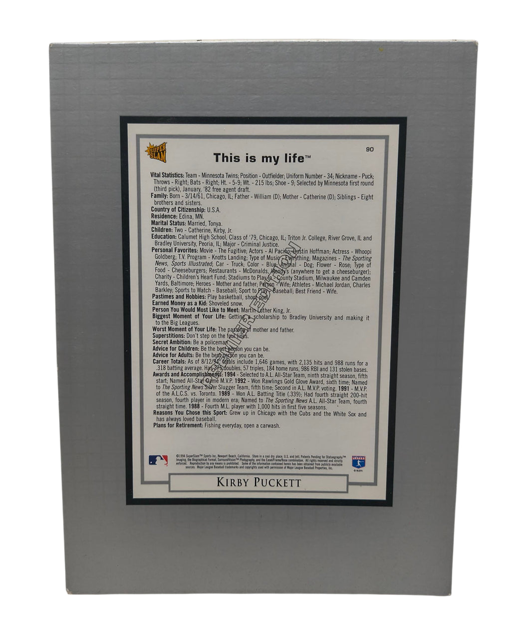 1994 Super Slam Kirby Puckett Premier Edition This Is My Life Stand Up 5" x 7" image 2