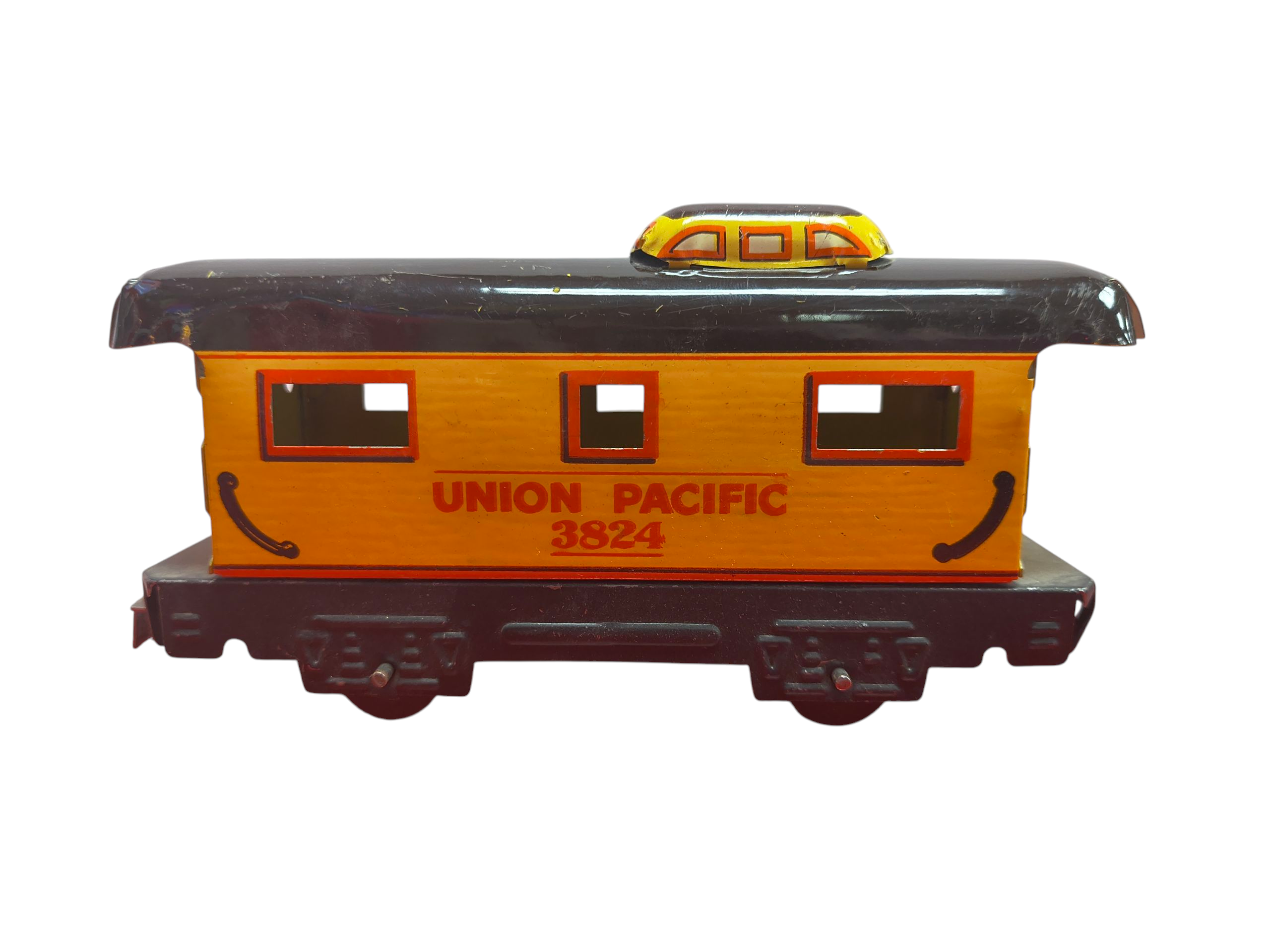 Marx Union Pacific 3824 Yellow Train Caboose Tin O Scale 4 Wheel Tab & Slot