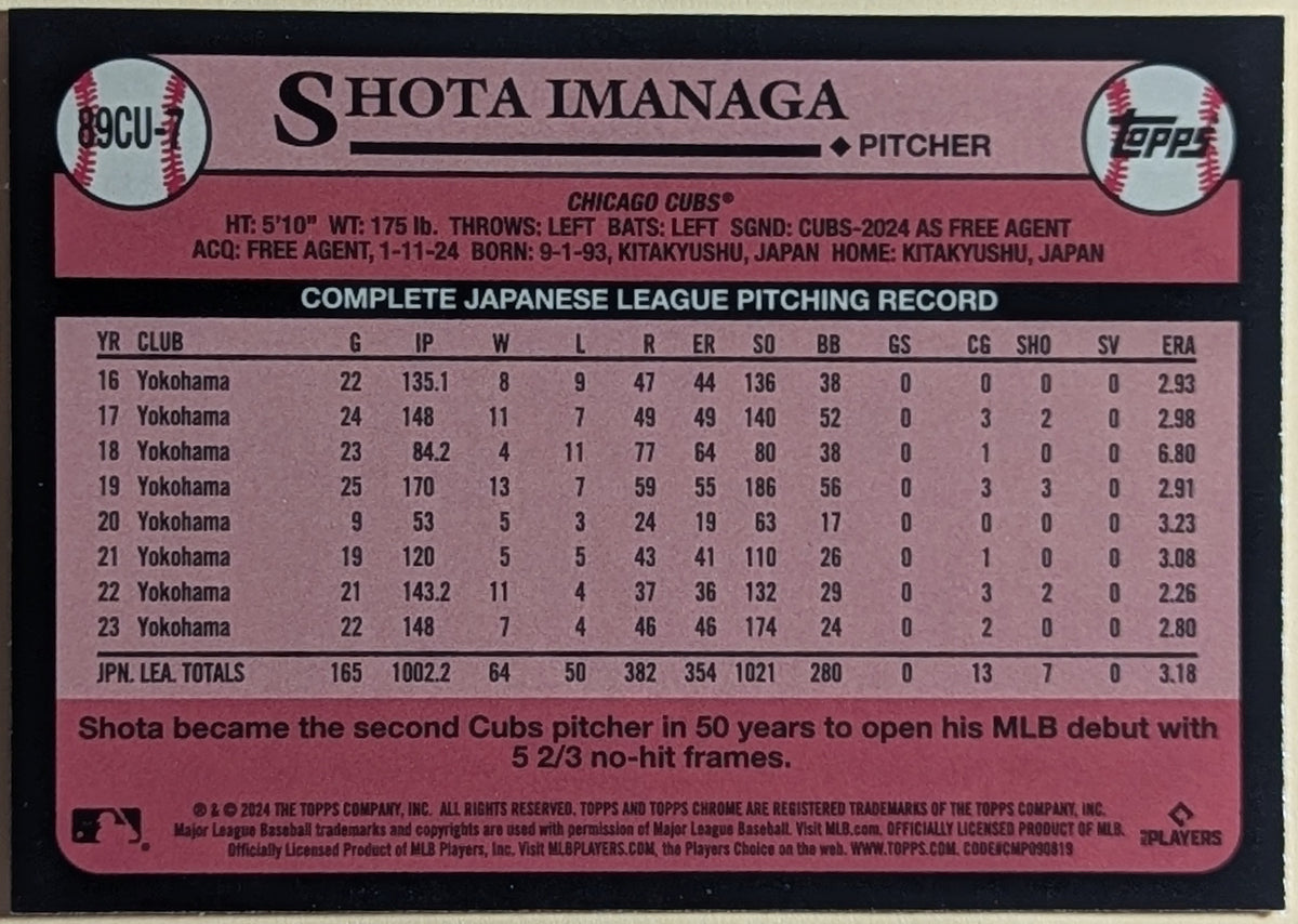 2024 Topps Chrome Update 1989 Topps Shota Imanaga Rookie #89CU-7 Cubs RC image 2