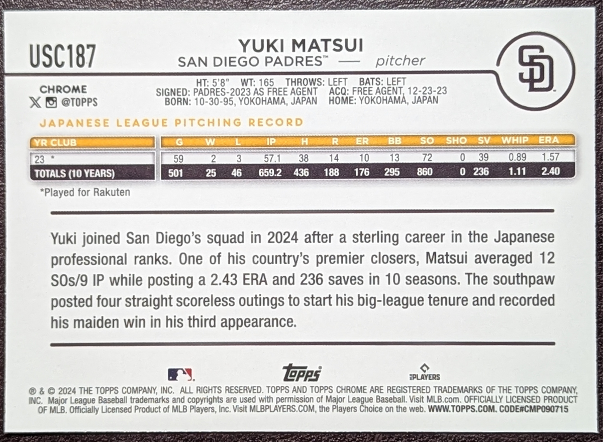 2024 Topps Chrome Update Yuki Matsui RC X-Fractor Padres USC187 image 2