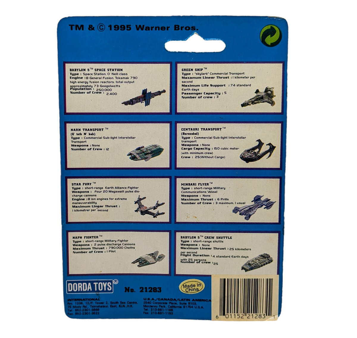 1995 Dorda Toys Babylon 5 Green Ship Keyring Keychain Model 21283 image 2