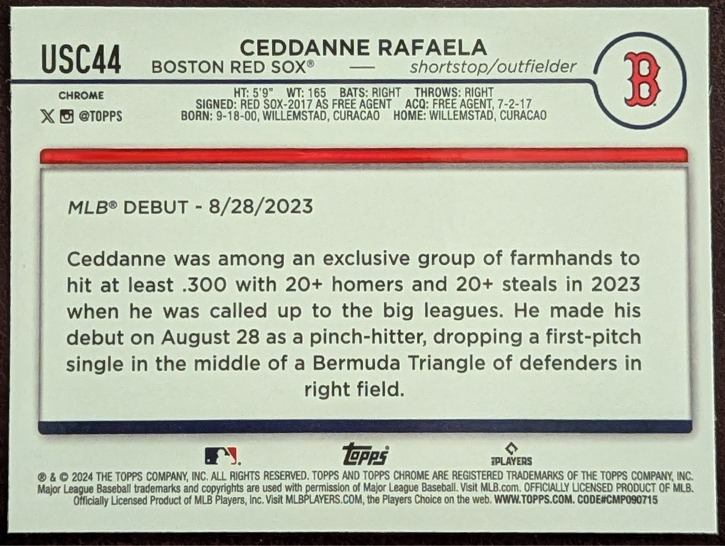 2024 Topps Chrome Update Ceddanne Rafaela Rookie Debut X-Fractor #USC44 Red Sox image 2