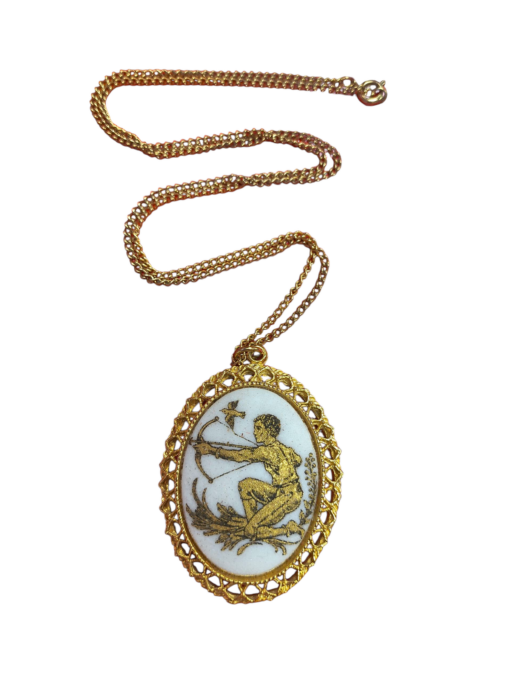 1960s Pakula Intaglio 24" Sagittarius Zodiac Cameo Gold Tone Pendant Necklace