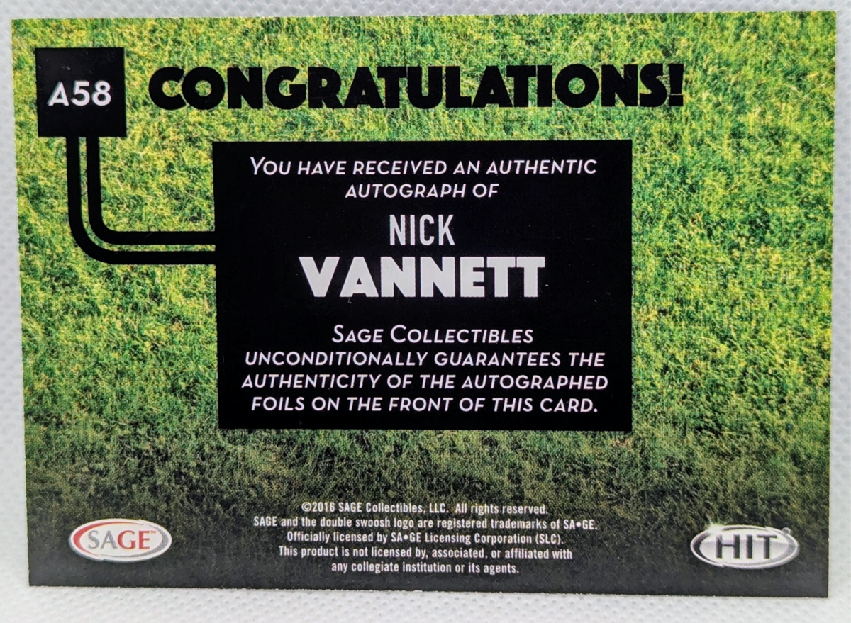 2016 SAGE Hit Autographs Black #A58 Nick Vannett Los Angeles Chargers Ohio State image 2