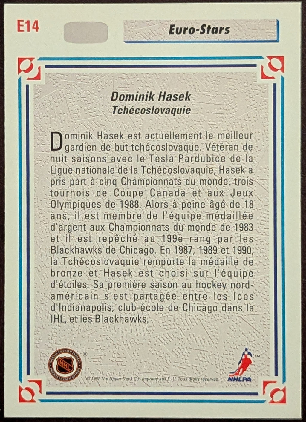 1991-92 Upper Deck Euro Stars Dominik Hasek #E14 Chicago Blackhawks French Ver. image 2