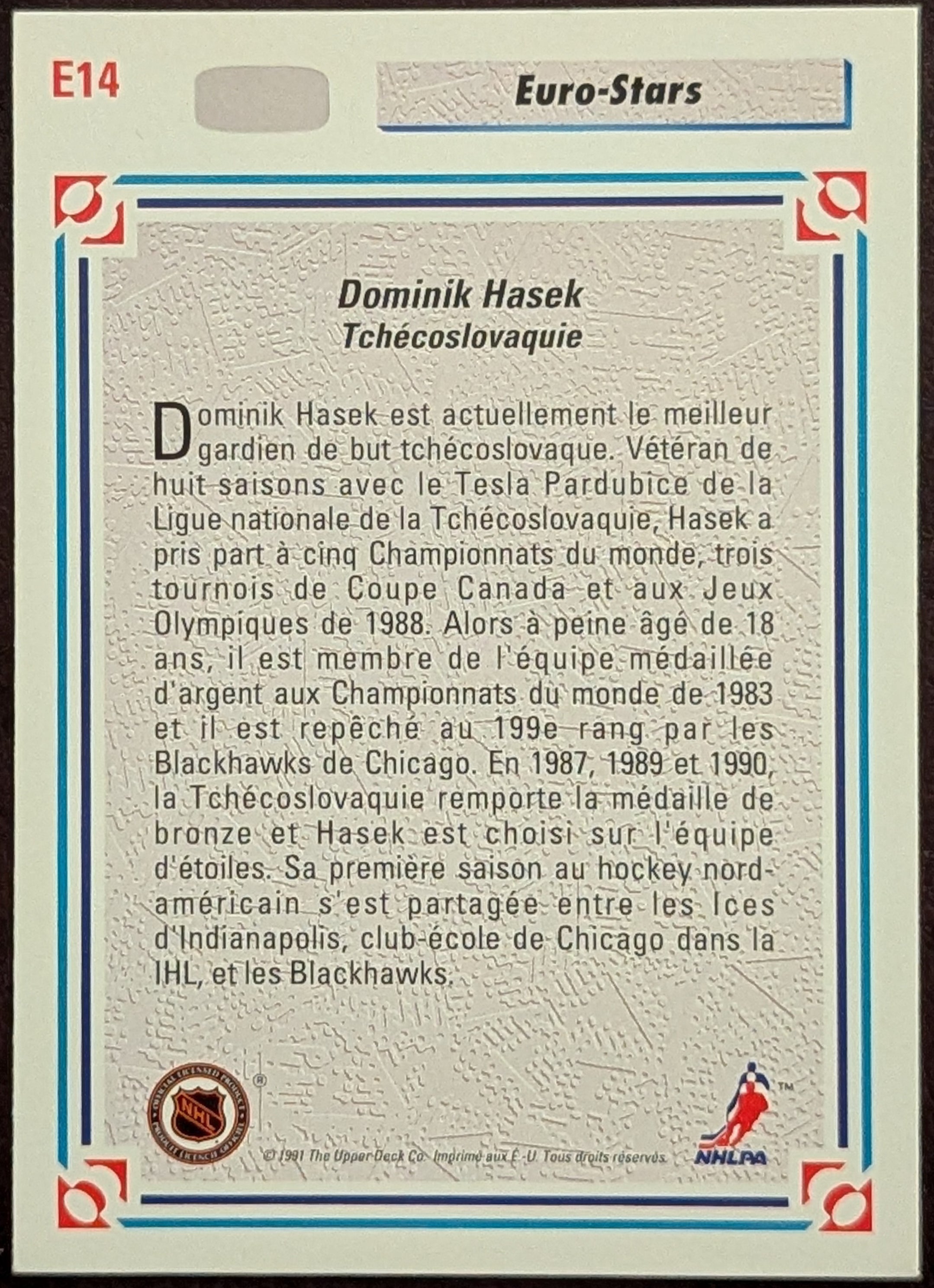 1991-92 Upper Deck Euro Stars Dominik Hasek #E14 Chicago Blackhawks French Ver. image 2