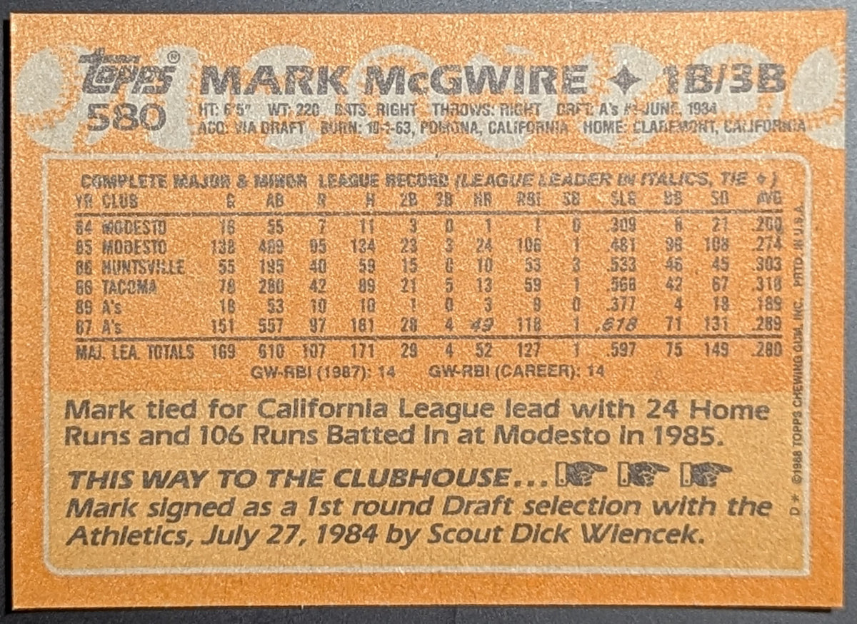 1988 Topps All-Star Rookie #580 Mark McGwire Oakland Athletics image 2