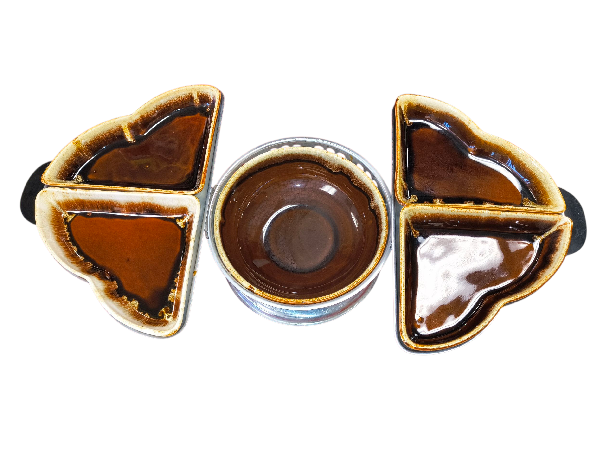 1950’s Aluminum Lazy Susan Ceramic Brown Drip Four Leaf Clover Sliding Trays image 2