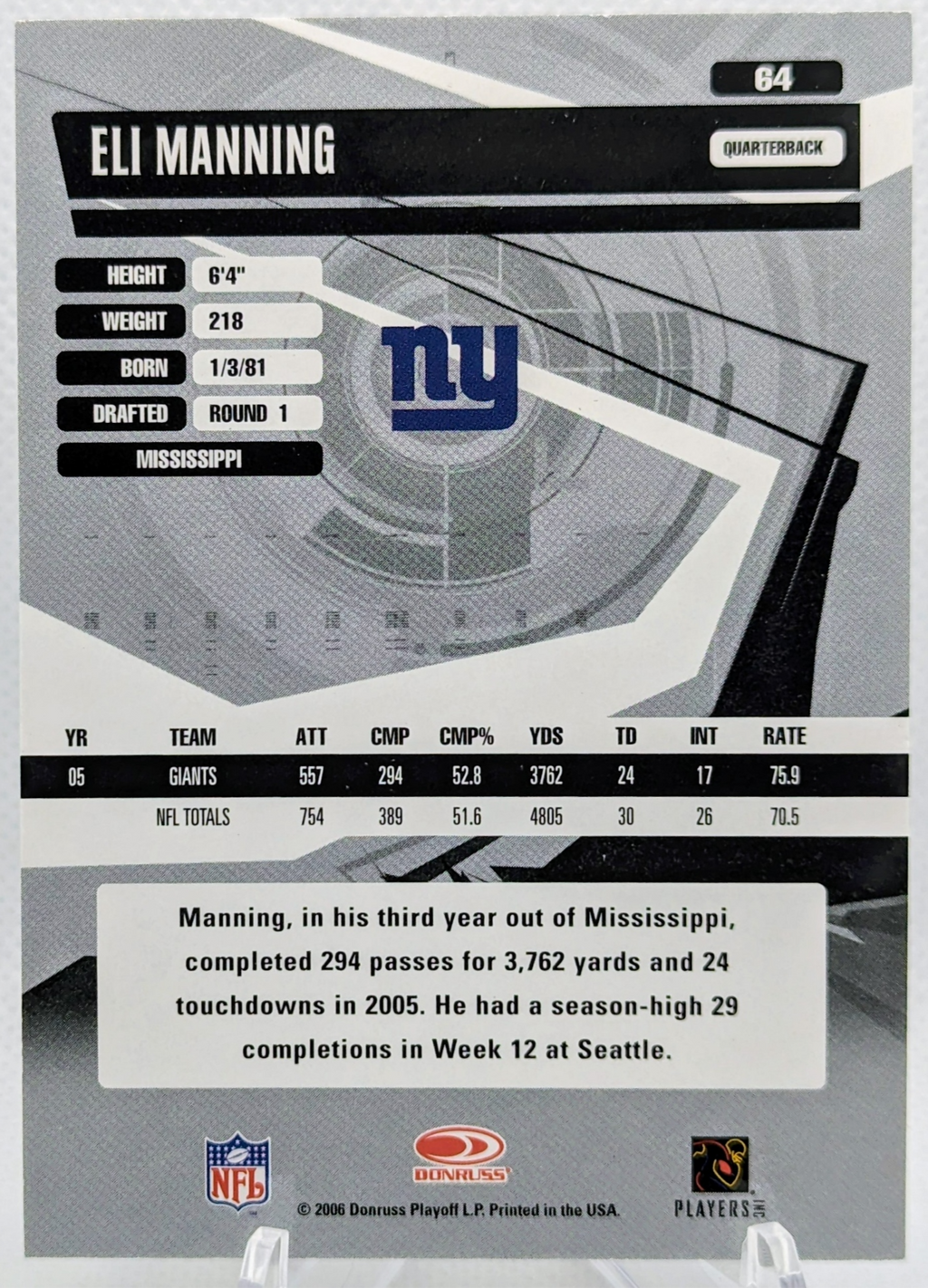 2006 Donruss Elite Eli Manning New York Giants #64 Football Card image 2