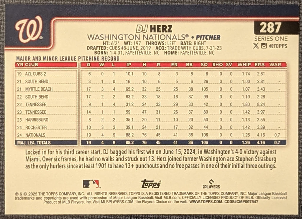 2025 Topps Series 1 Dj Herz Rookie Diamante #287 Nationals SP image 2