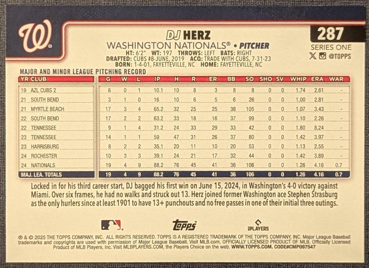 2025 Topps Series 1 Dj Herz Rookie Diamante #287 Nationals SP image 2