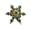 Vintage Dark Green Rhinestones Faux Pearl Gold Tone Star Burst Brooch Pin