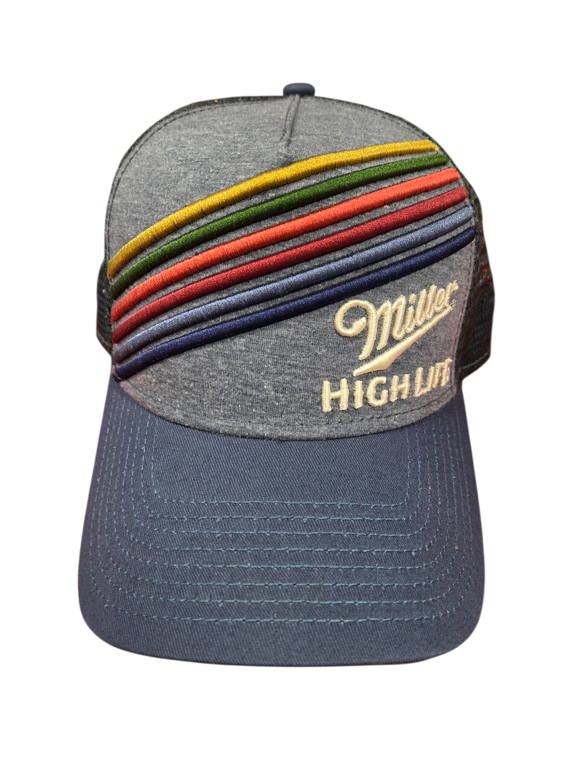 Miller High Life Beer Brewing Snapback Hat Adjustable Denim Multi Color Stripes