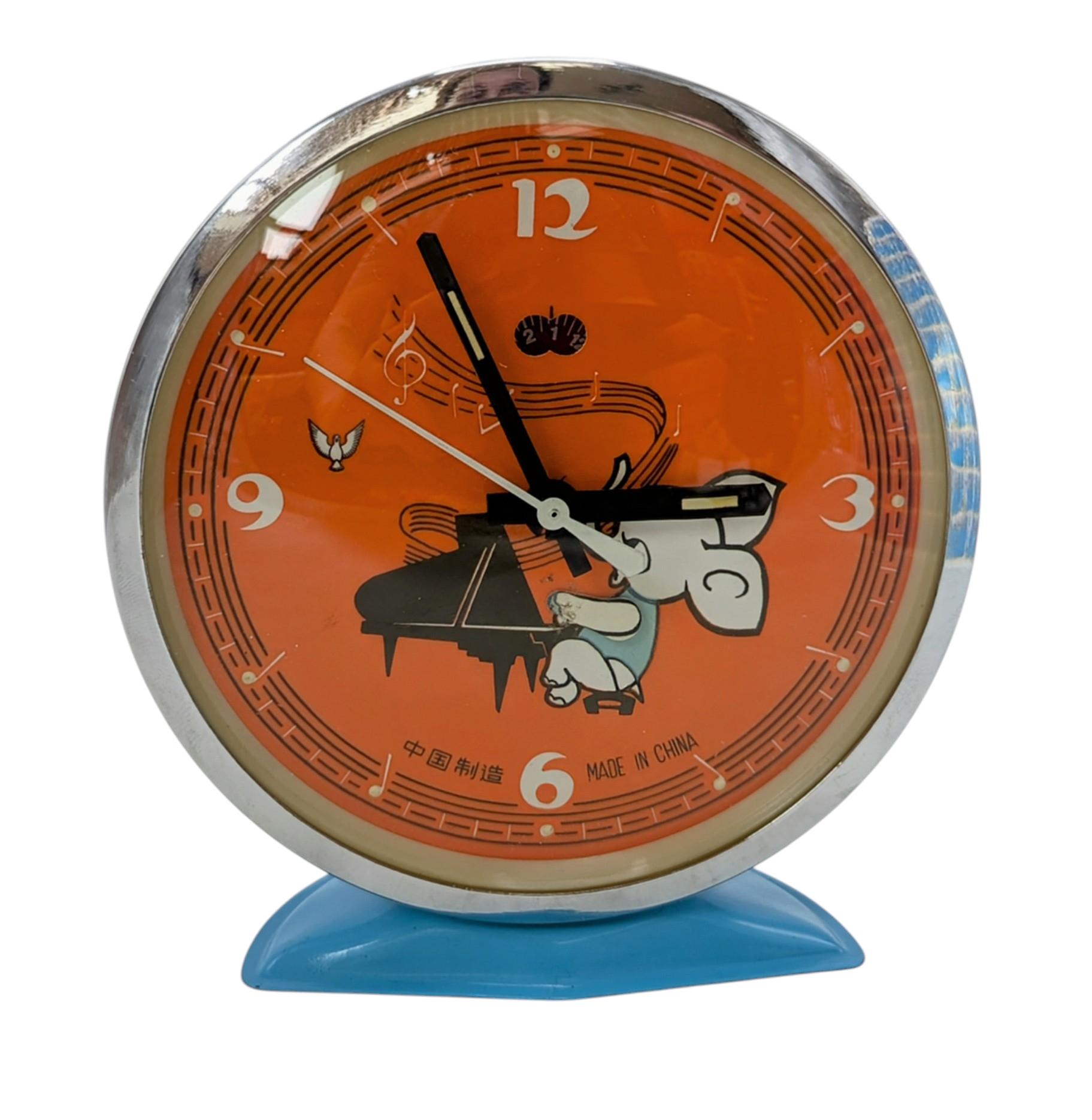 Vintage Five Rams Baby Elephant Playing Piano Animated Alarm Clock Light Blue