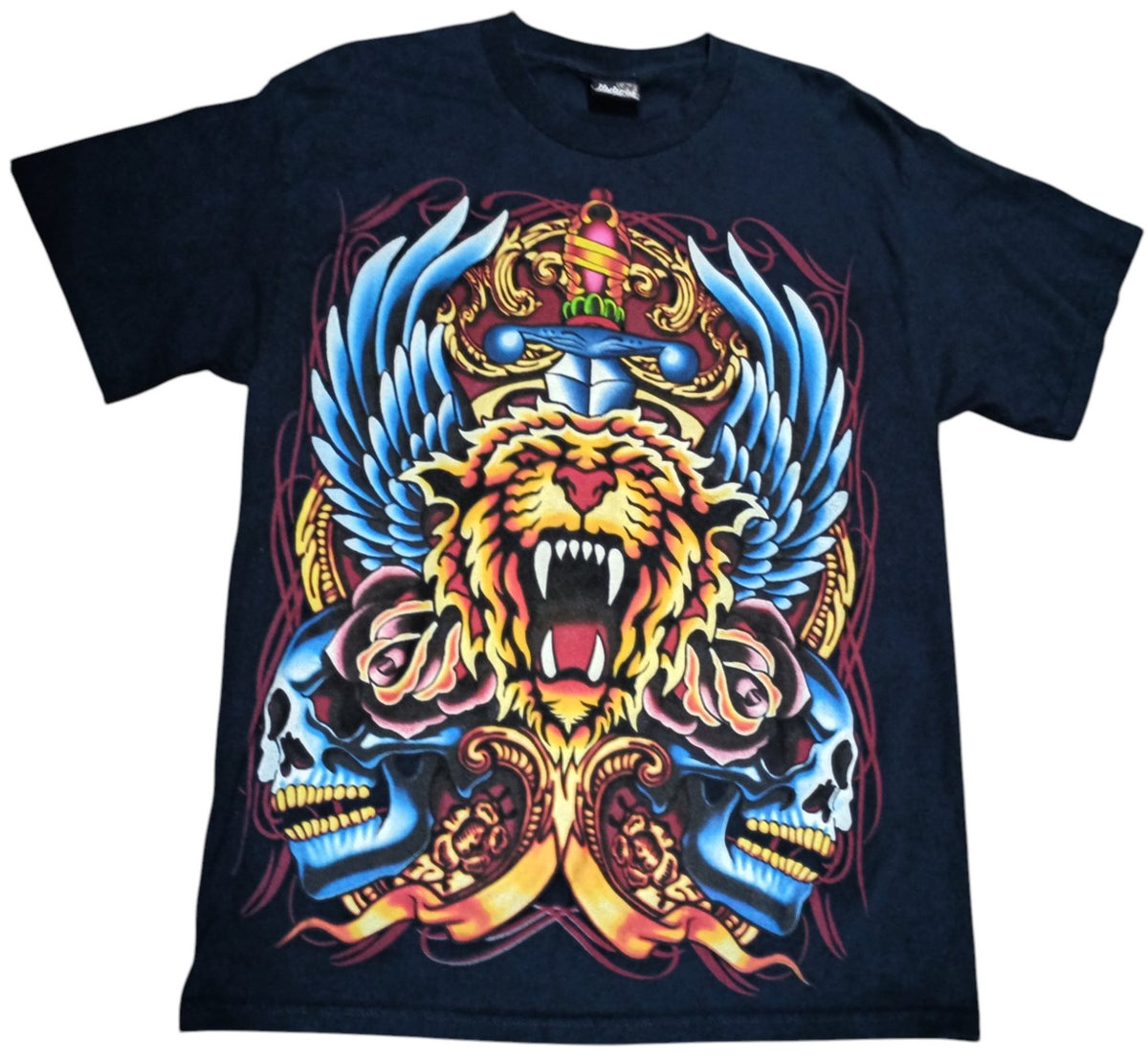 Y2K Hybrid Tees Tiger & Sword with Skulls Tattoo Style Blue Mens Large T-Shirt