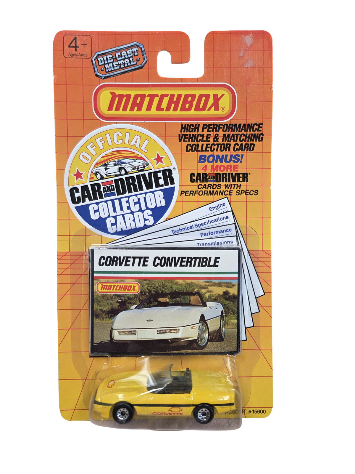 1989 Matchbox Car & Driver Yellow Corvette Convertible w/ Collector Card