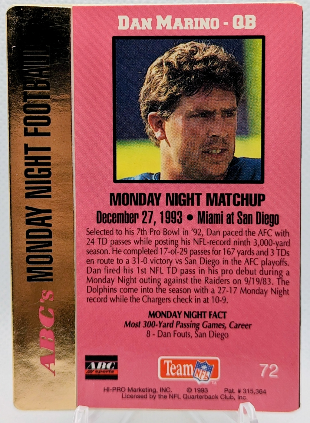1993 Action Packed Monday Night Football Dan Marino Miami Dolphins #72 image 2
