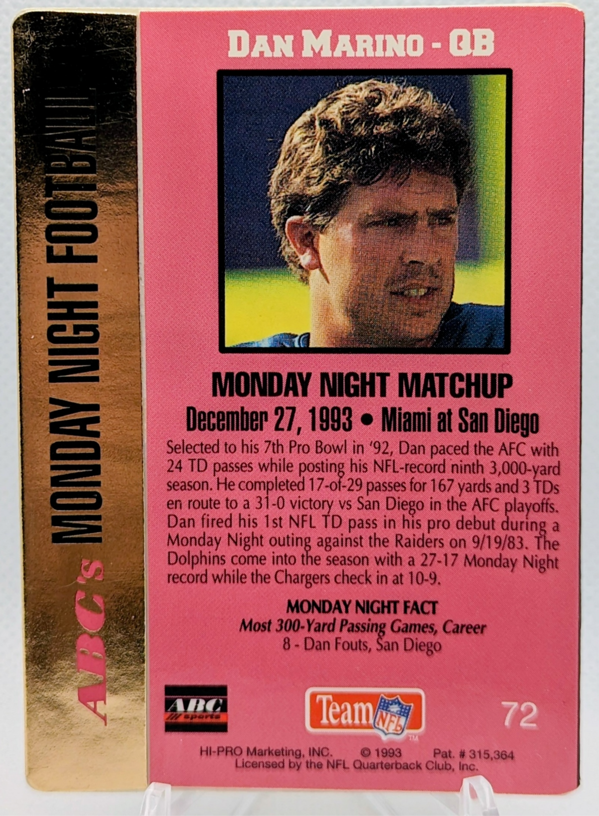 1993 Action Packed Monday Night Football Dan Marino Miami Dolphins #72 image 2