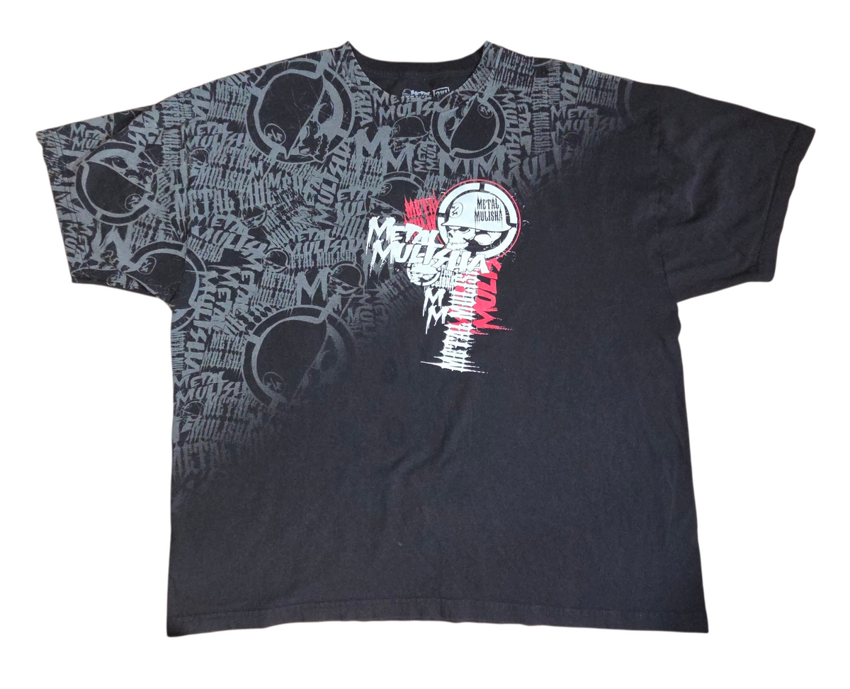 Y2K Metal Mulisha Half Tone All Over Graphic Skull Logo Black T-Shirt 3XL