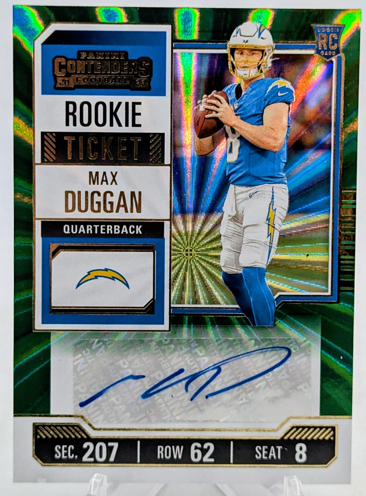 2023 Panini Contenders Max Duggan Green Laser RC Auto Rookie Ticket Chargers