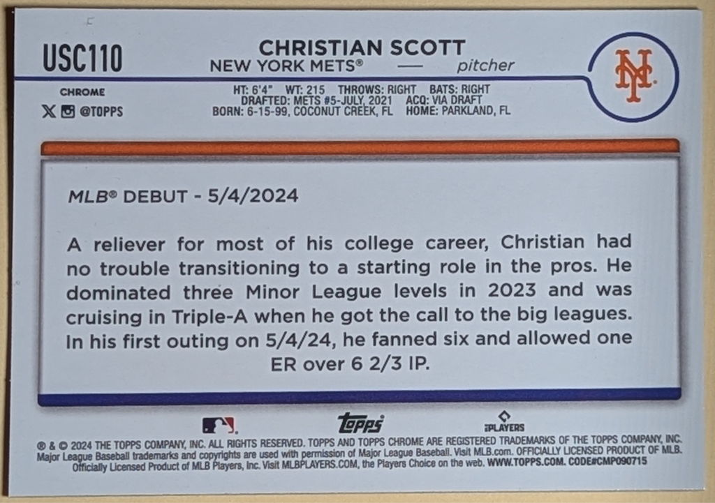 2024 Topps Chrome Update Christian Scott Rookie Debut X-Fractor #USC110 Mets RC image 2