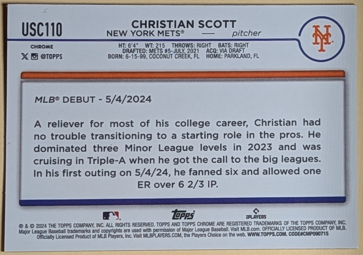 2024 Topps Chrome Update Christian Scott Rookie Debut X-Fractor #USC110 Mets RC image 2