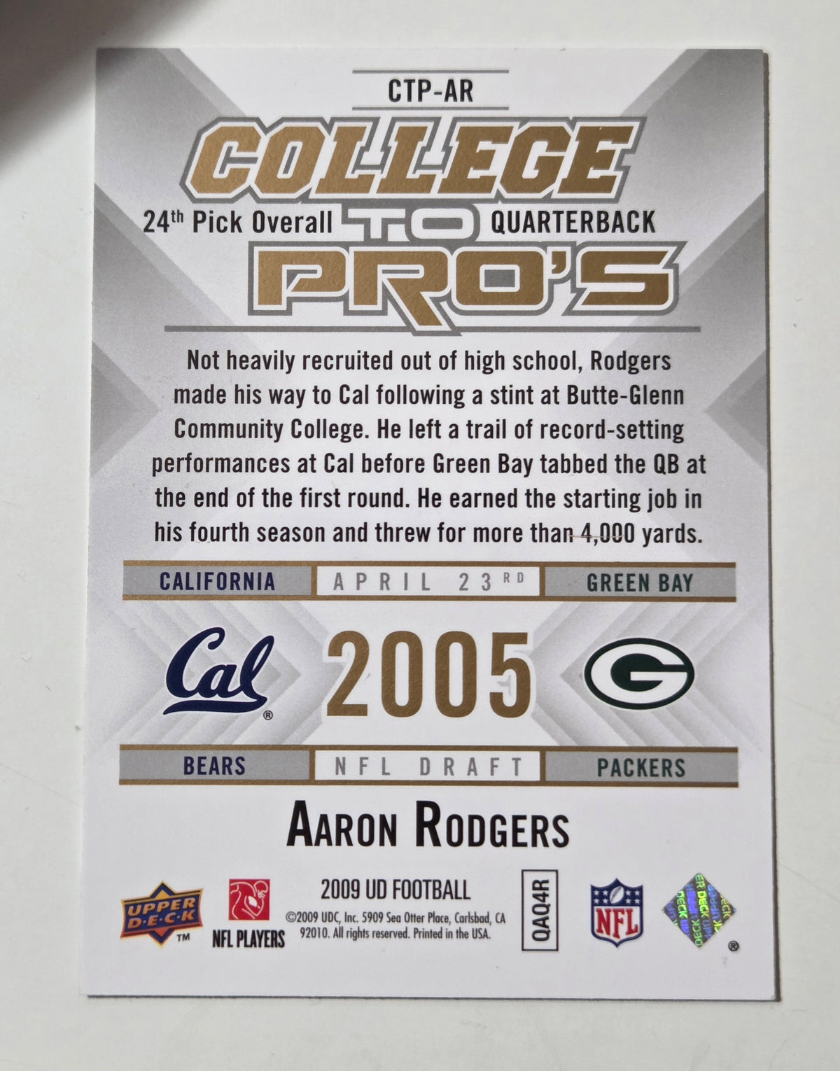 2009 Upper Deck Aaron Rodgers College to Pros Rookie Exclusives #CTP-AR image 2