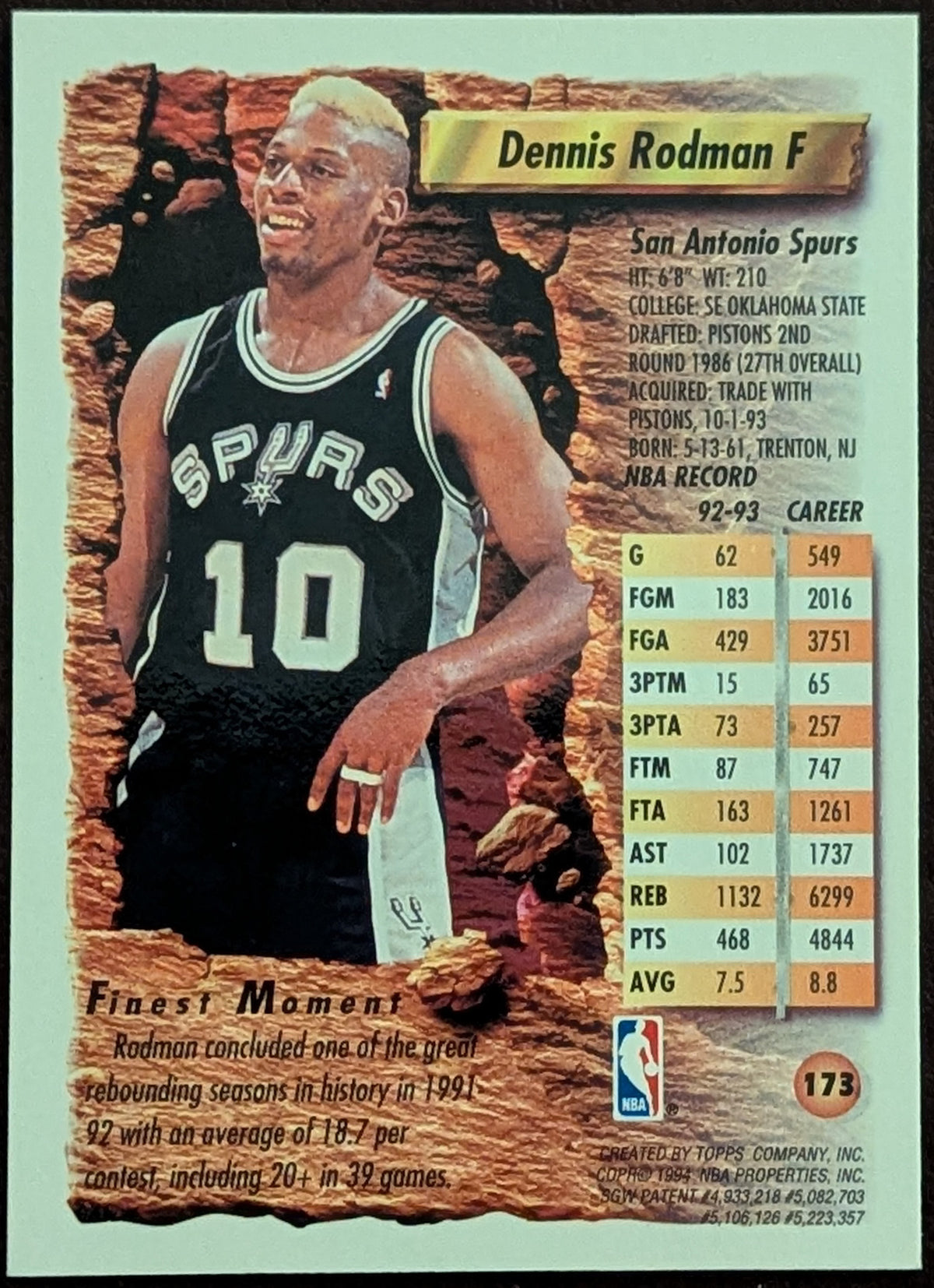 1994-95 Topps Finest Dennis Rodman #173 San Antonio Spurs image 2