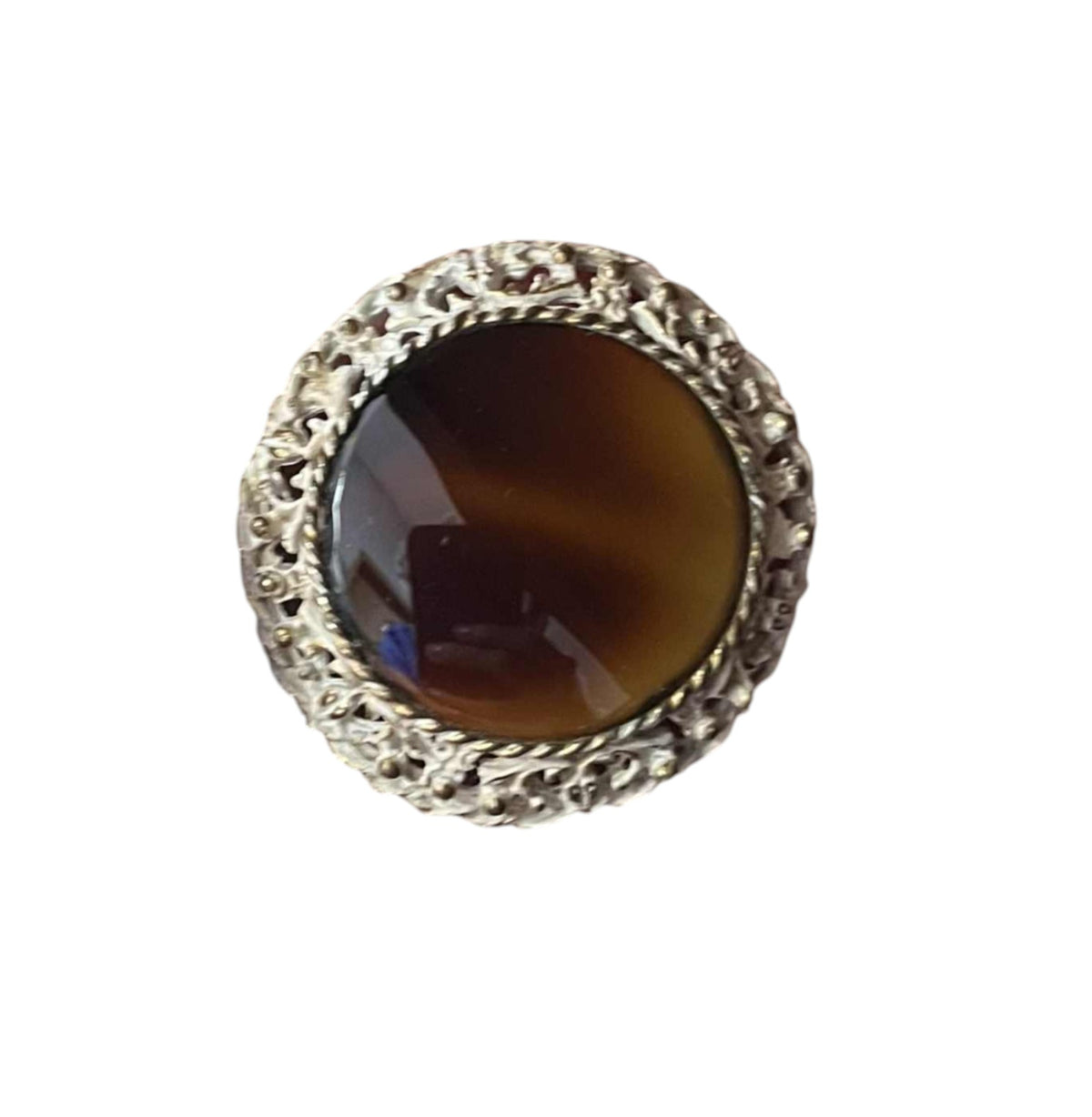 Vintage Faux Agate Circle Brown Stone Ornate Gold Tone Frame Brooch