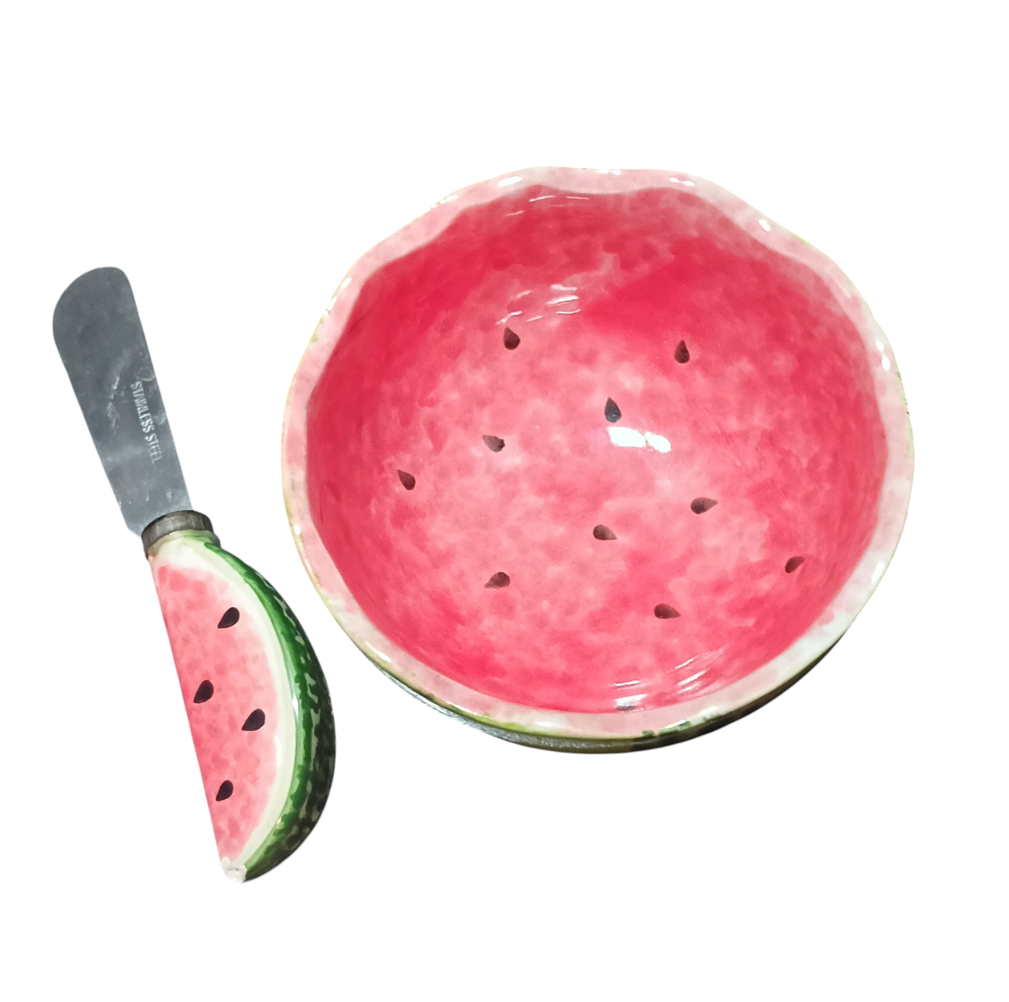 Vintage Ceramic Watermelon Bowl With Watermelon Stainless Steel Cheese Spreader image 2