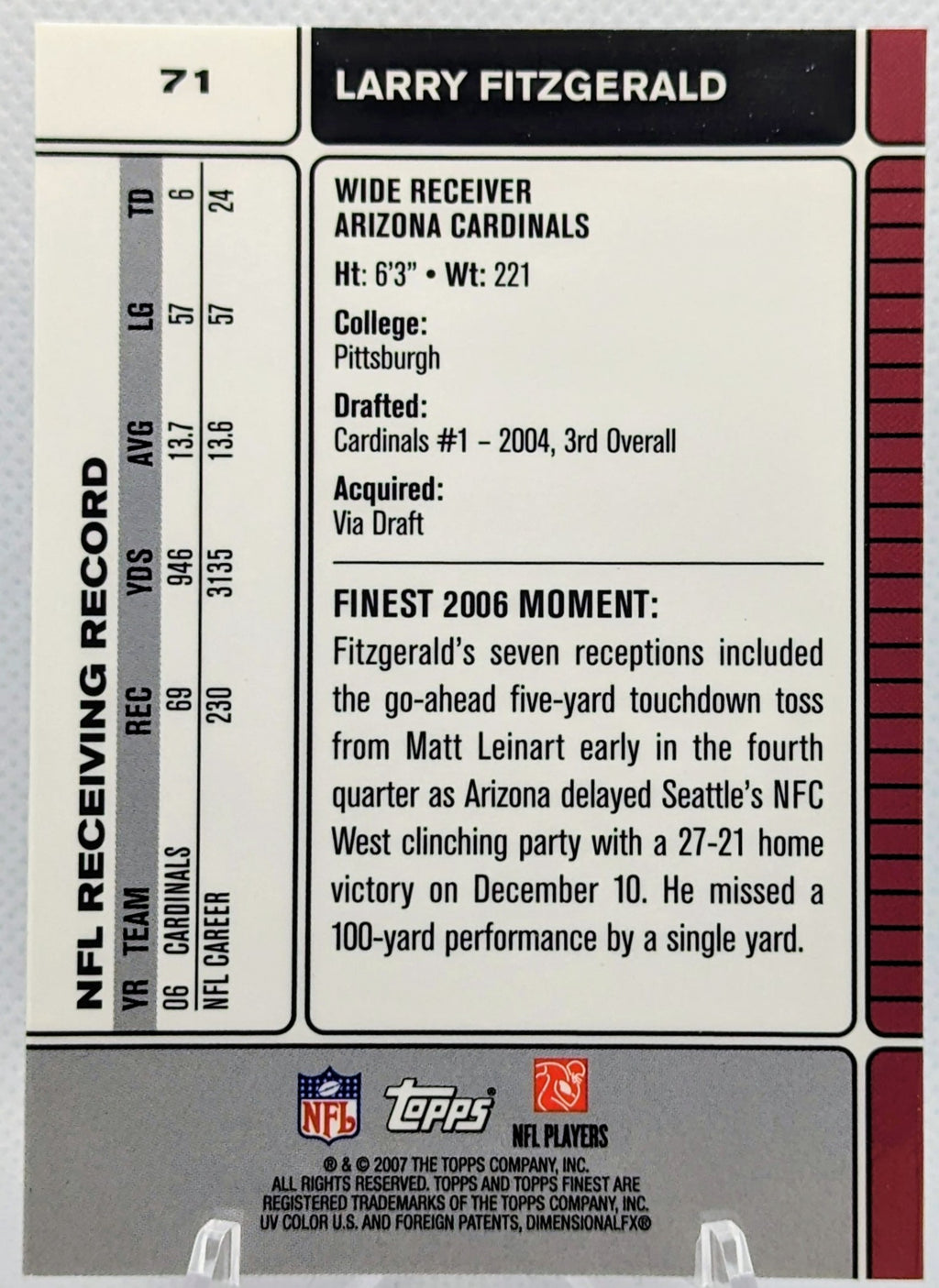 2007 Topps Finest Refractor Larry Fitzgerald #71 Arizona Cardinals image 2