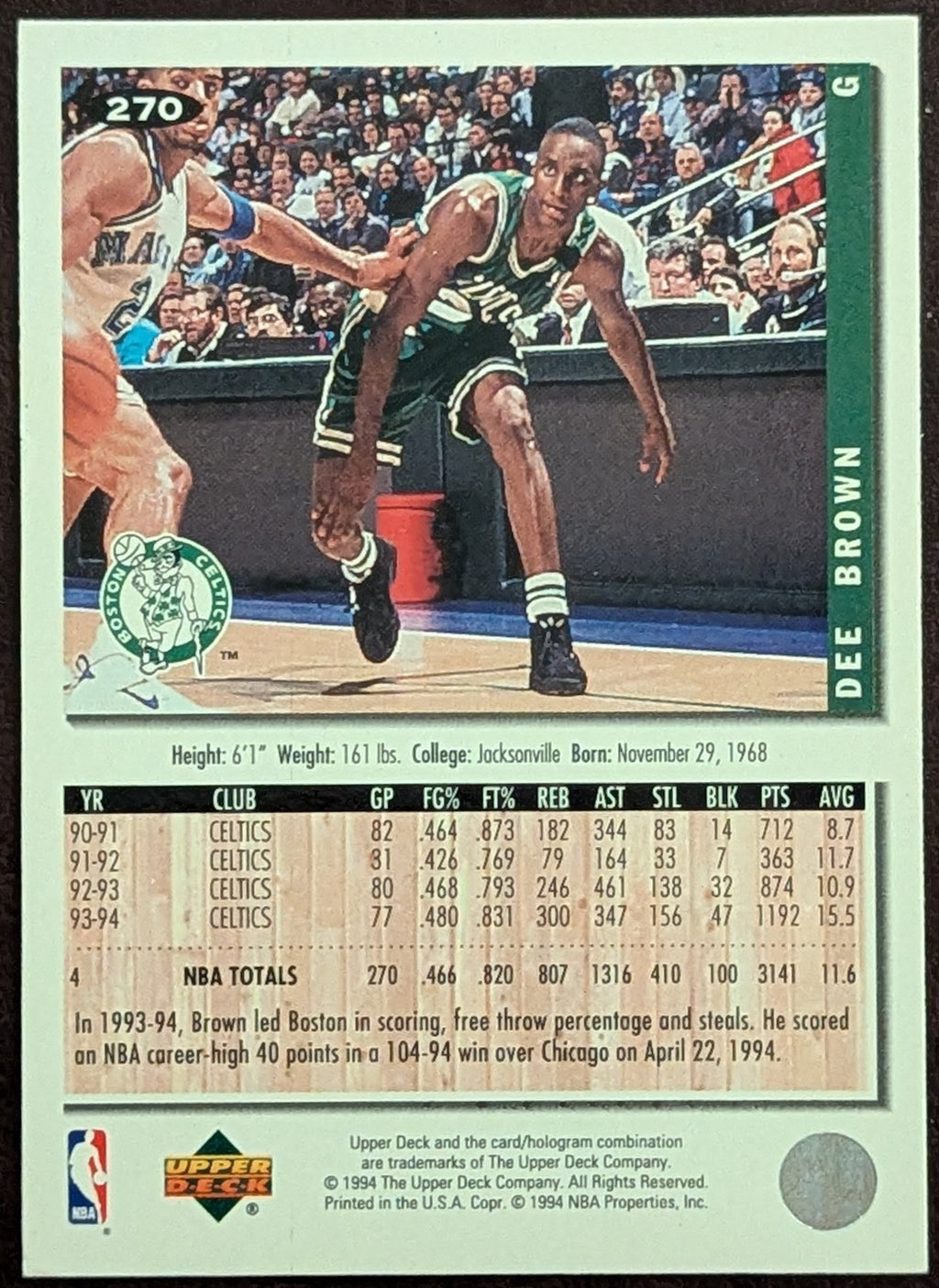 1994-95 Upper Deck Collector's Choice Gold Signature #270 Dee Brown Celtics image 2