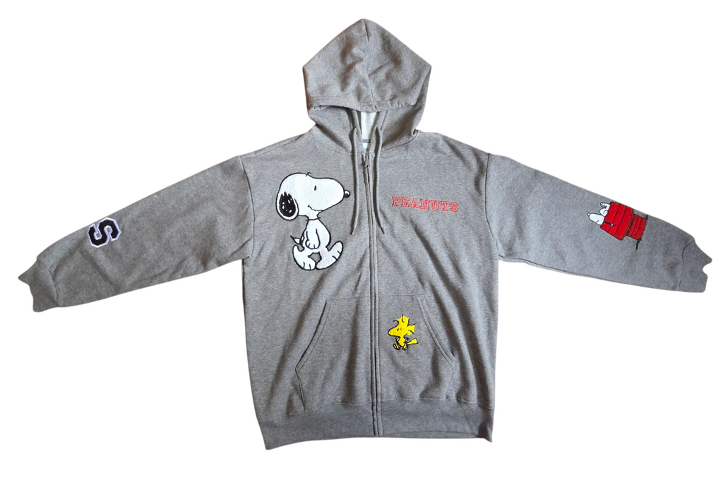 Peanuts Snoopy Woodstock Embroidered Heather Grey Soft Zip Up Hoodie Womens L