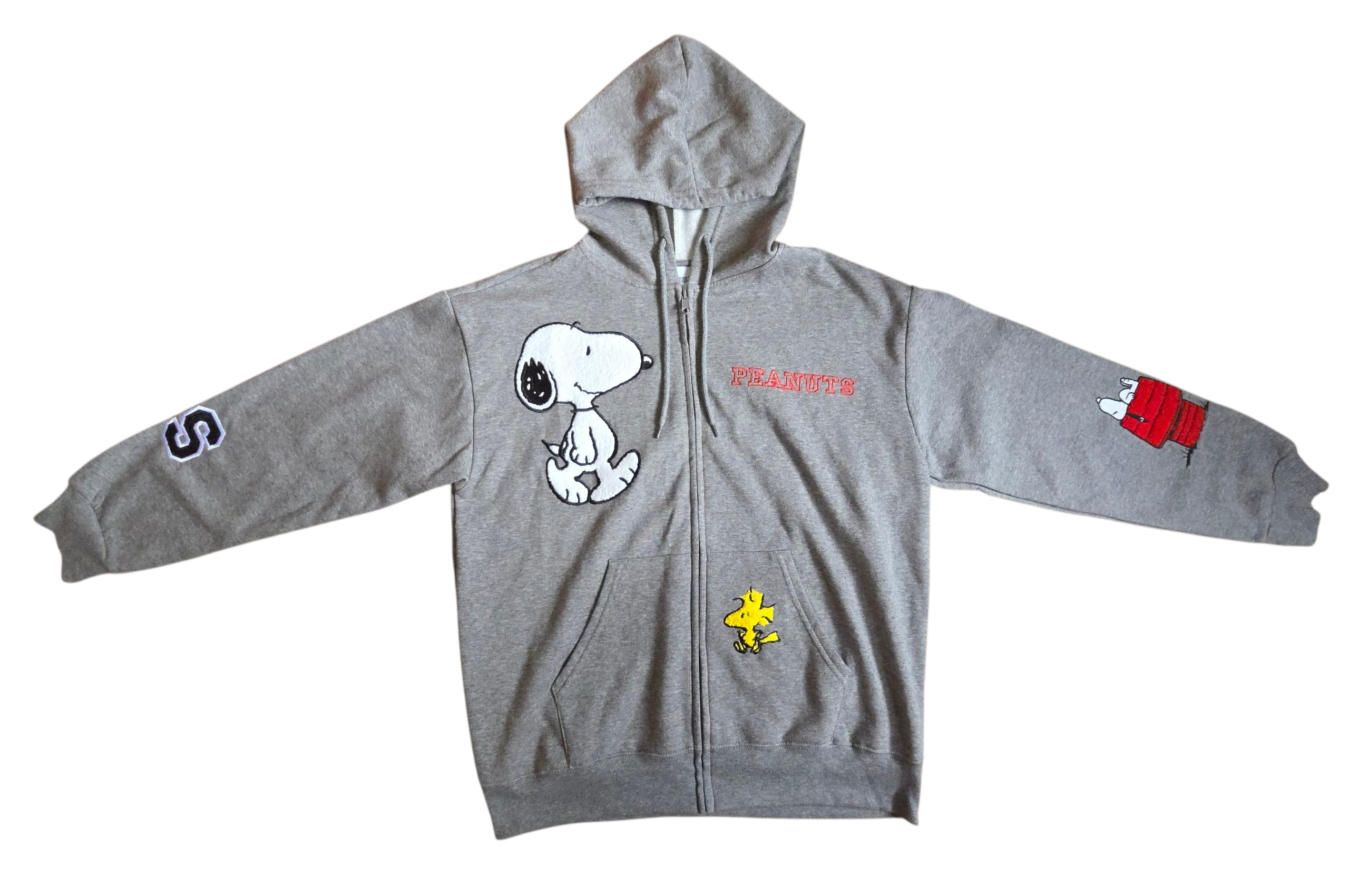 Peanuts Snoopy Woodstock Embroidered Heather Grey Soft Zip Up Hoodie Womens L