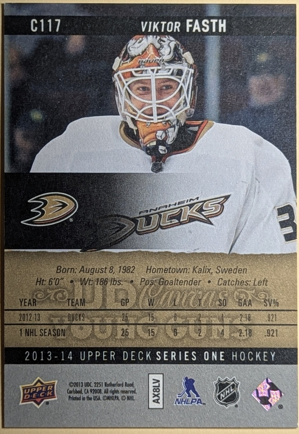 2013-14 Upper Deck Young Guns UD Canvas Viktor Fasth Anaheim Ducks #C117 RC image 2