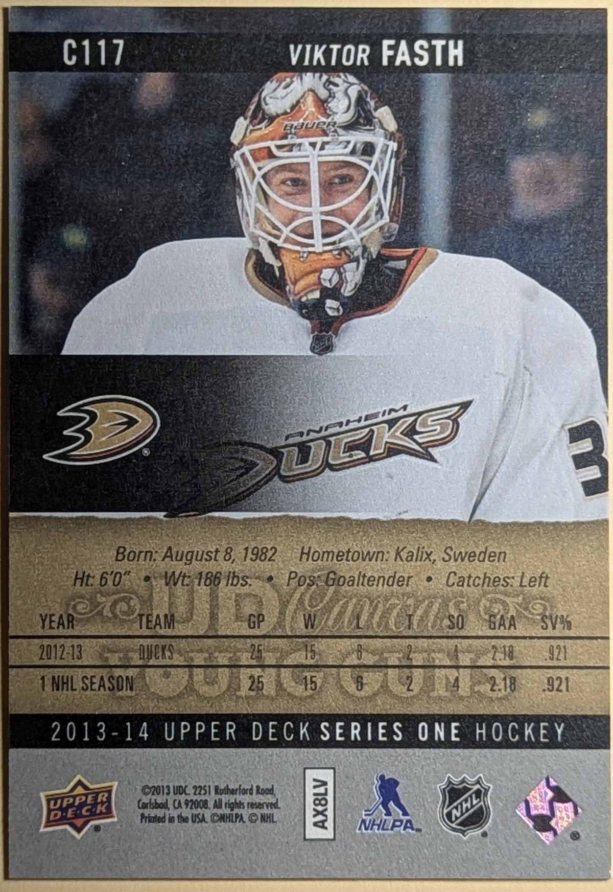 2013-14 Upper Deck Young Guns UD Canvas Viktor Fasth Anaheim Ducks #C117 RC image 2