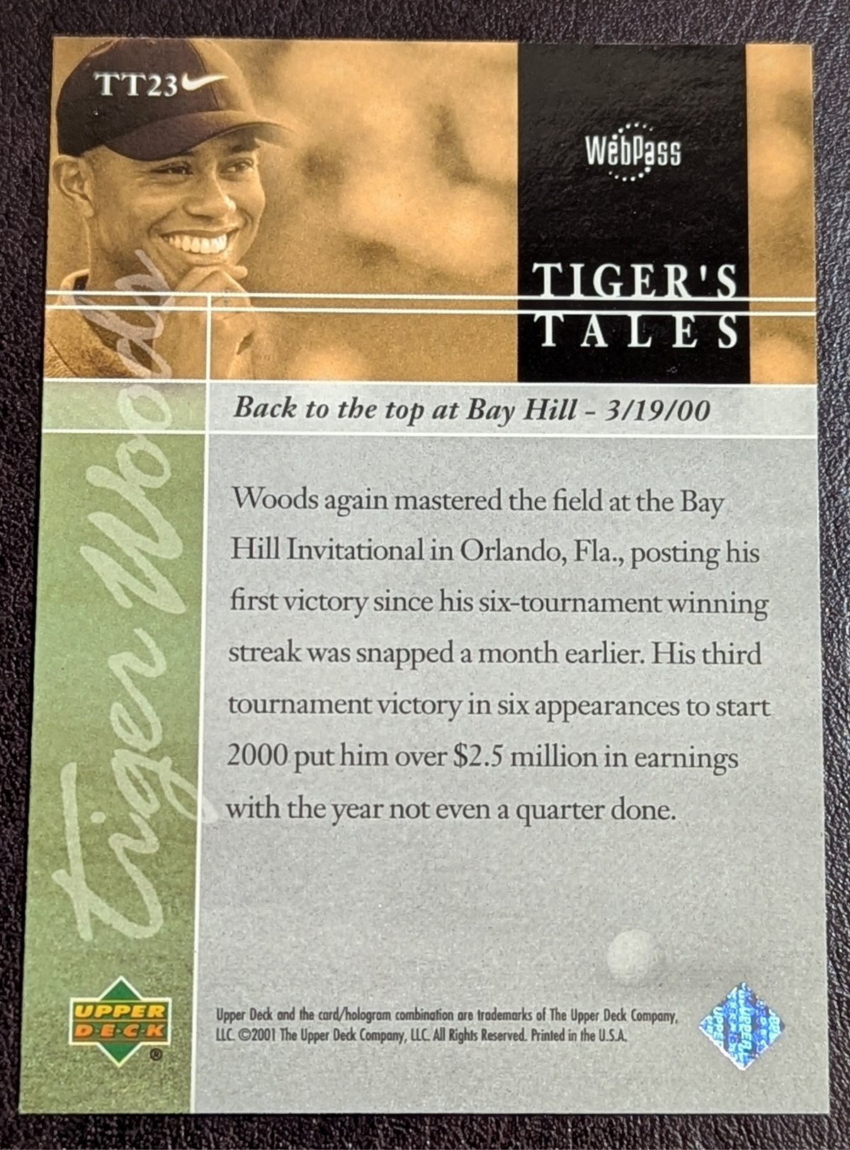 2001 Upper Deck Golf Tiger Woods Tigers Tales Rookie Card RC #TT23 image 2