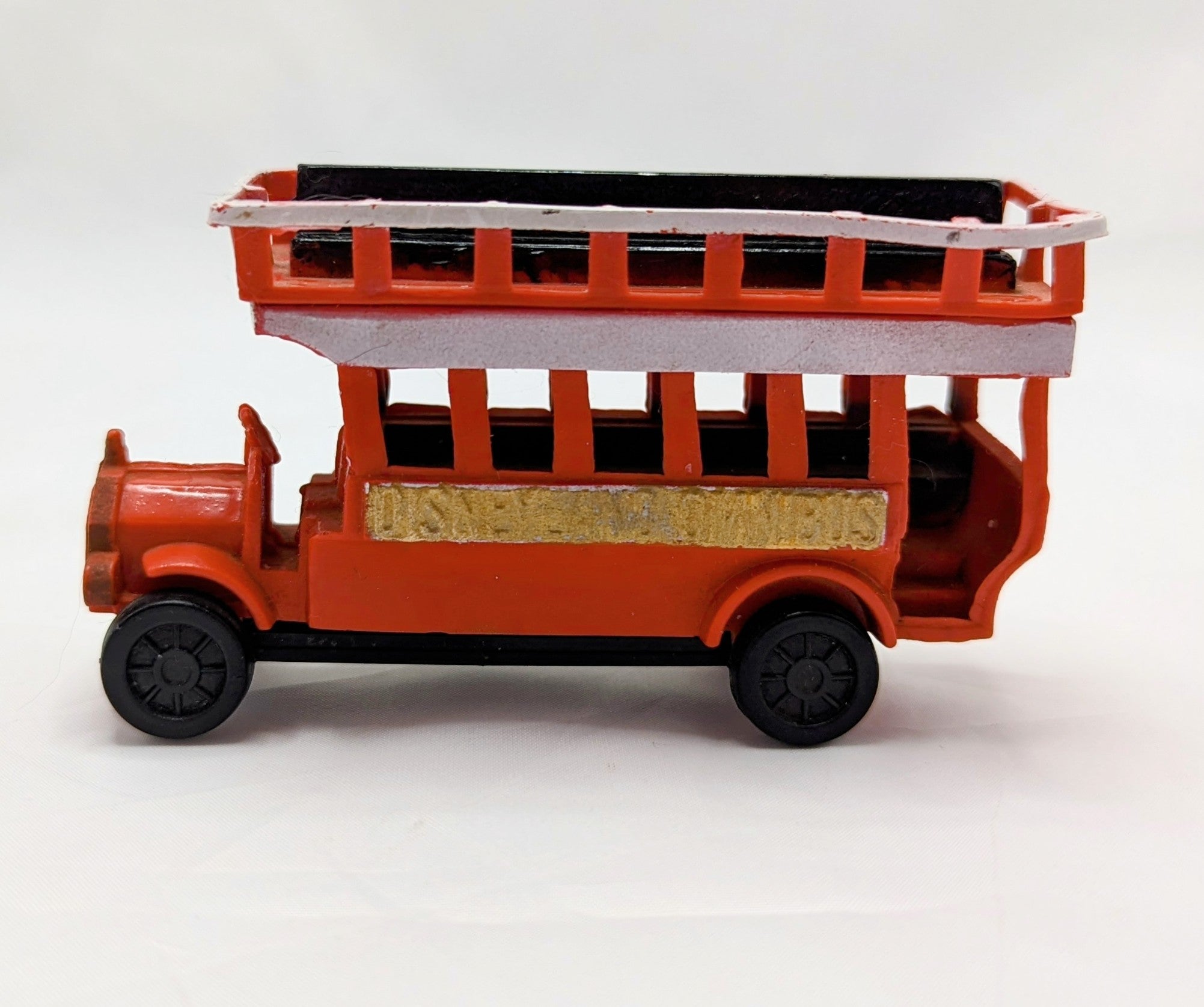 Vintage Red Disneyland Omnibus Gold Side Tour Bus Double Decker Plastic Toy