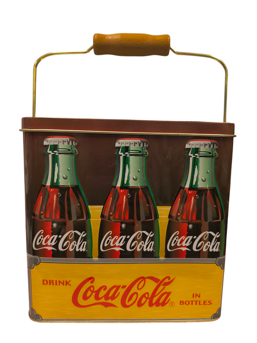 Coca Cola 25 Cent Bottle Carton Tin Mini Lunch Box With Wood Covered Handle image 2