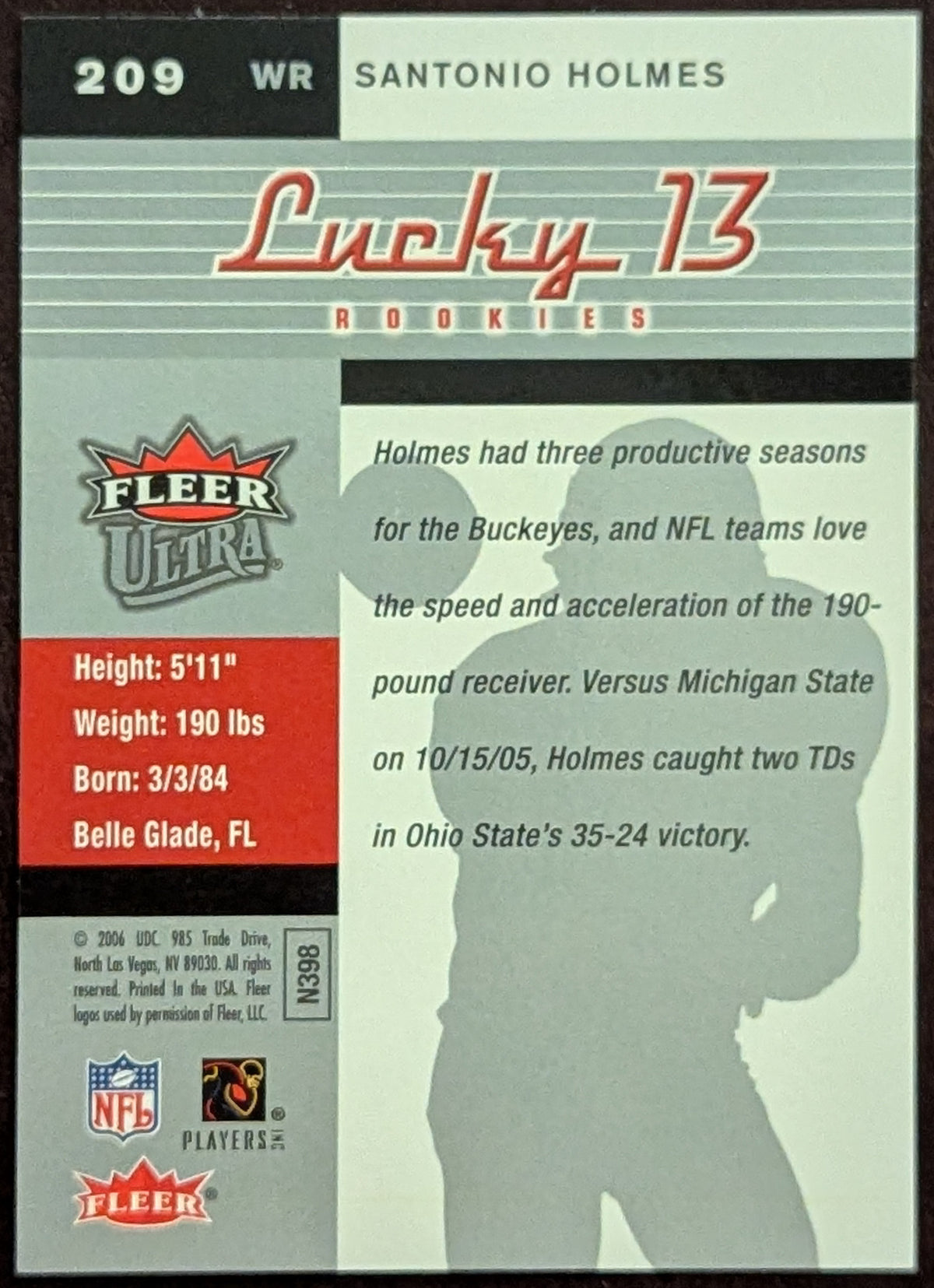 2006 Fleer Ultra Lucky 13 Rookies Target RC Santonio Holmes #209 Ohio State image 2