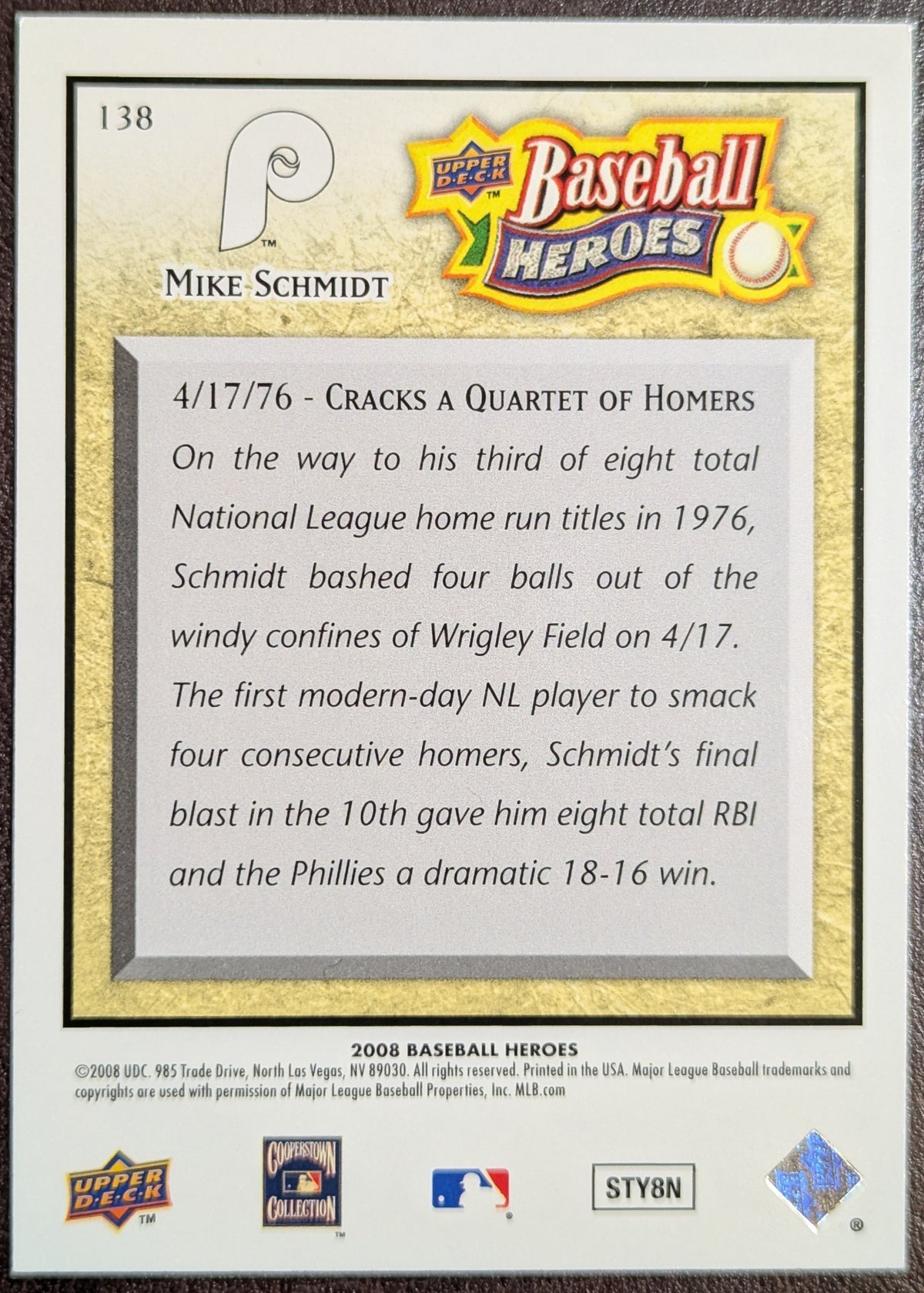 2008 Upper Deck Baseball Heroes Mike Schmidt Philadelphia Phillies #138 HOF image 2