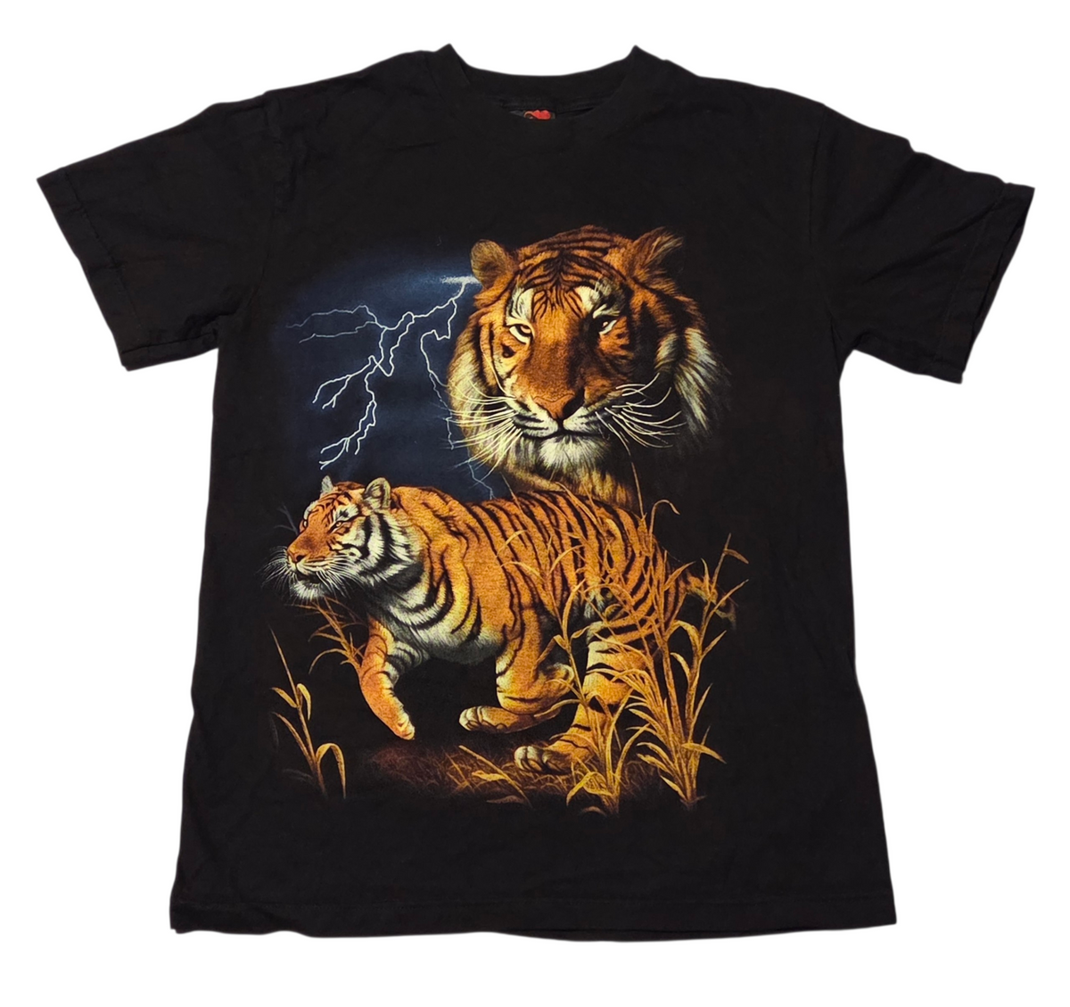 90s Thunder Tiger Lightning Double Sided Black T-Shirt Medium