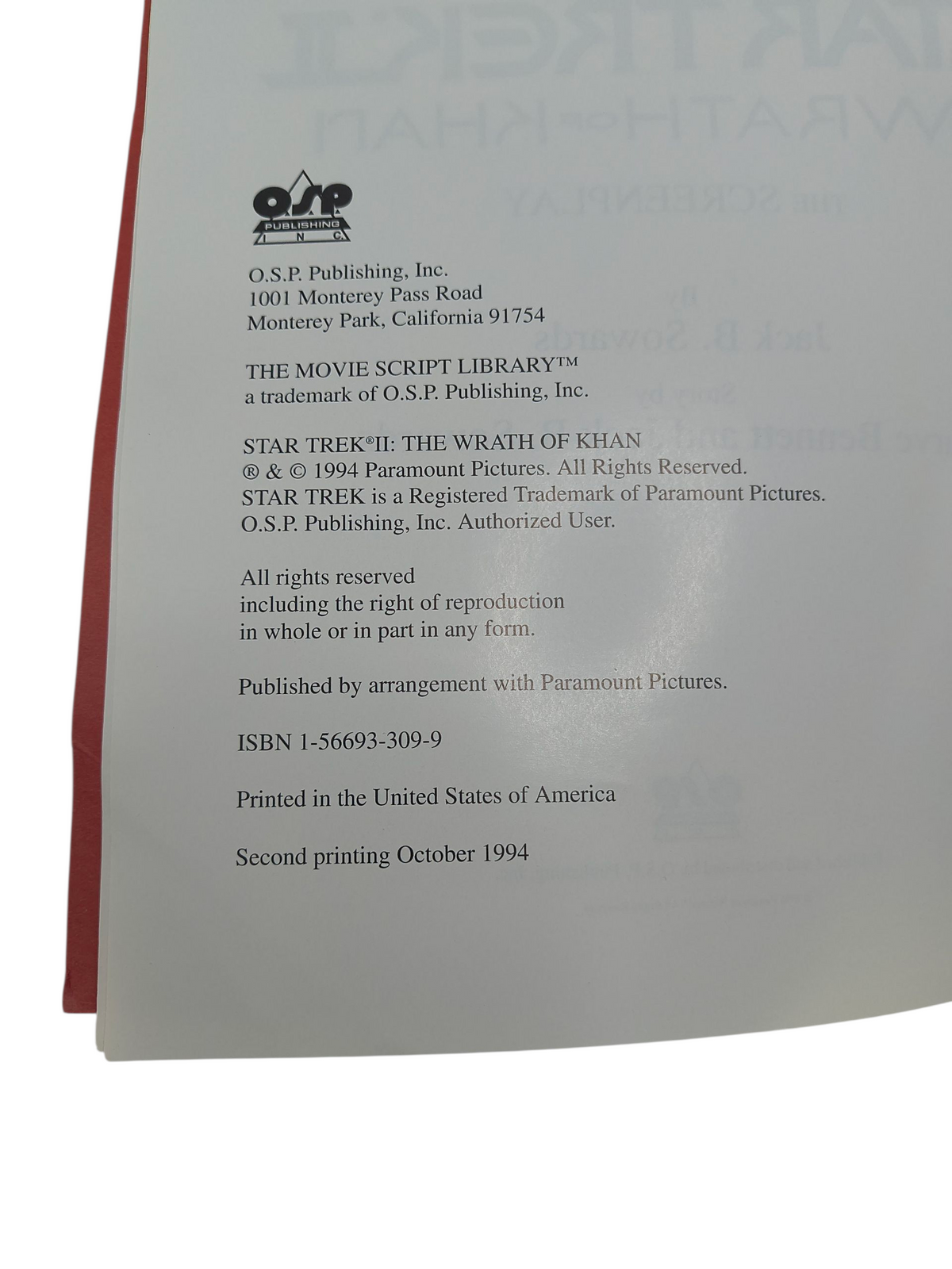 1994 Star Trek II Wrath of Khan Original Movie Script - Screenplay Première image 3