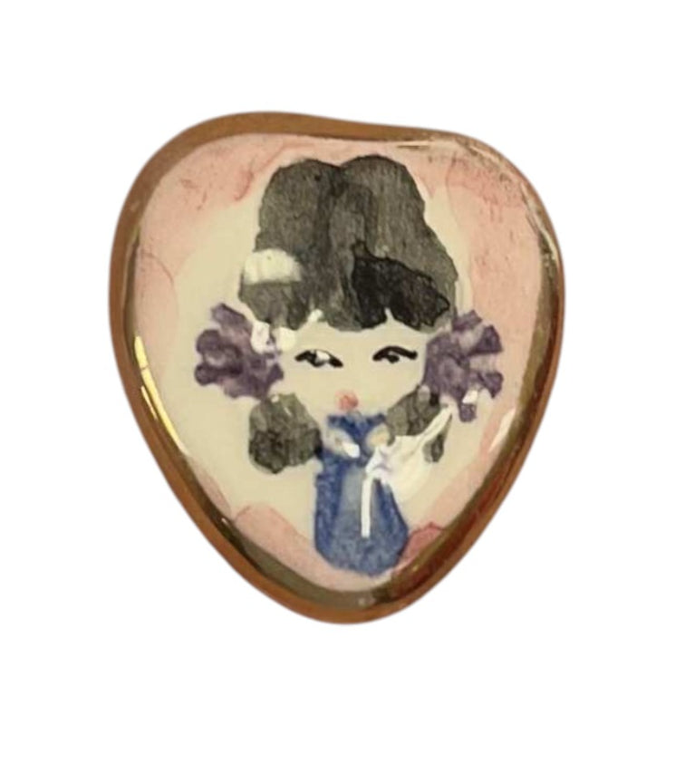 Vintage Handcrafted Handpainted Women In Dress Ceramic Porcelain Brooch Pin