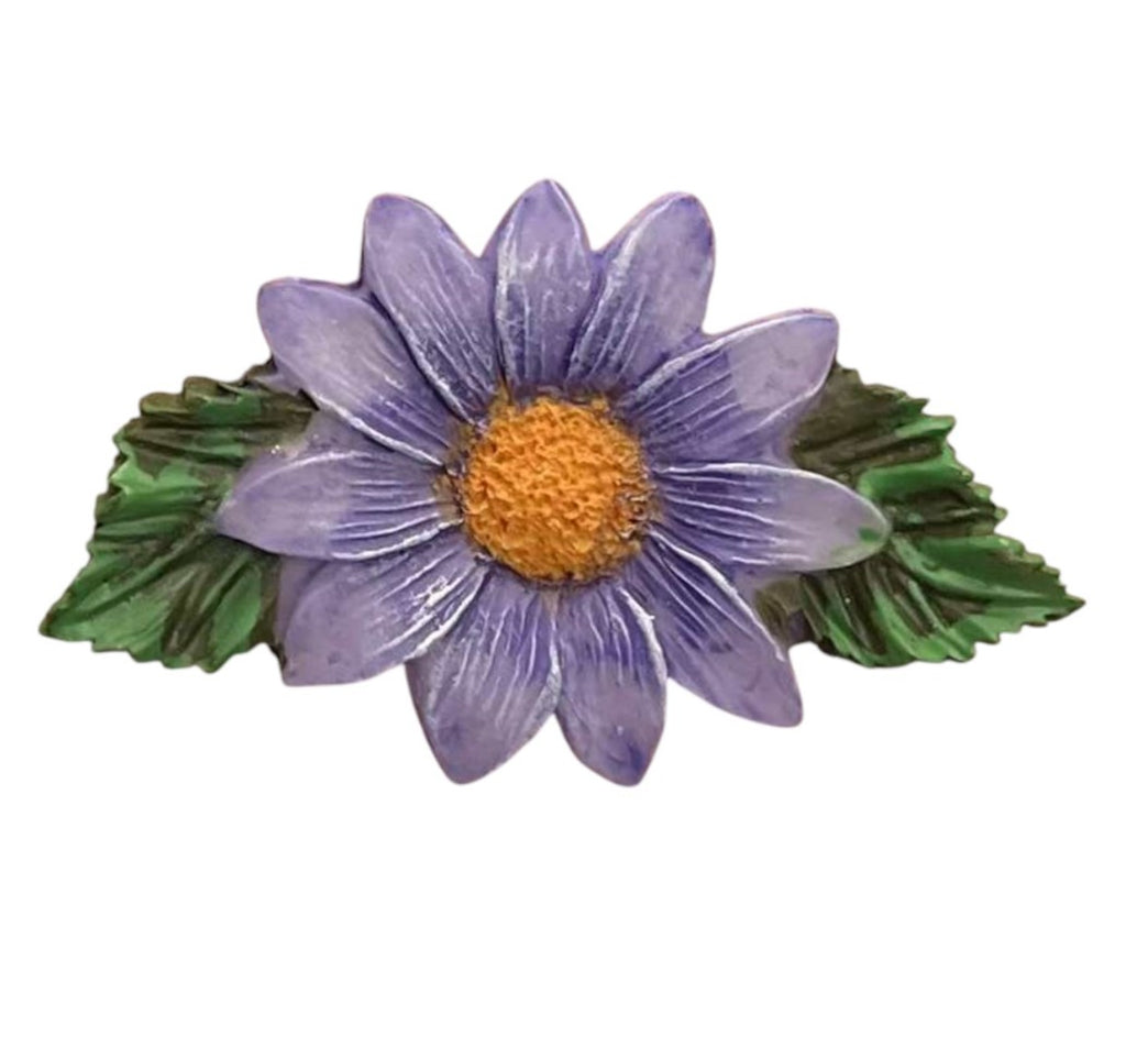 Vintage Floral Purple Daisy Flower w/ Leaves Brooch Made In China