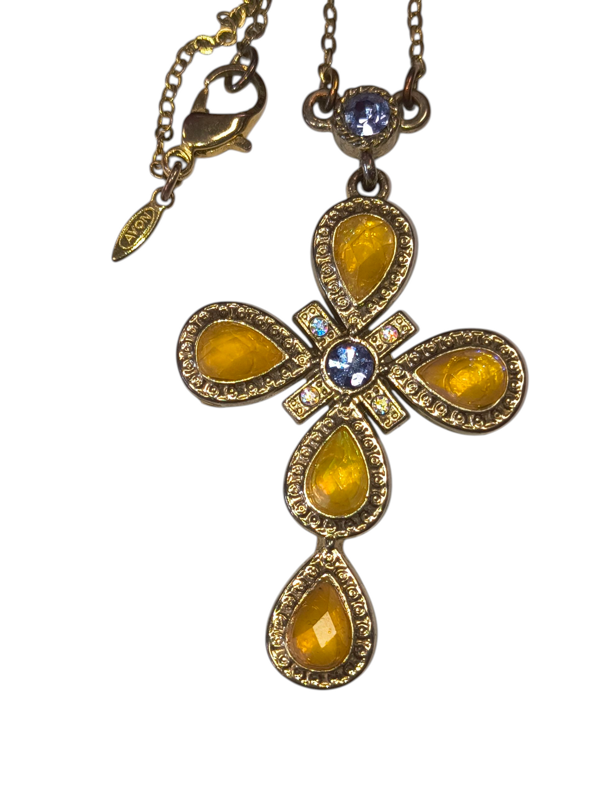 Vintage Nina Ricci Avon Cross Pendant Rhinestones Purple and Yellow Necklace image 2