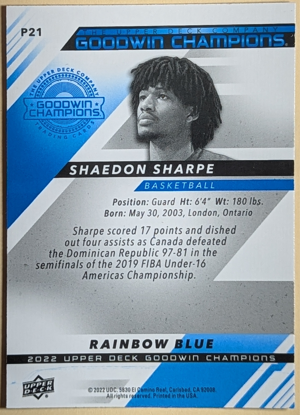 2022 Upper Deck Goodwin Champions Platinum Rainbow Blue Shaedon Sharpe Rookie RC image 2