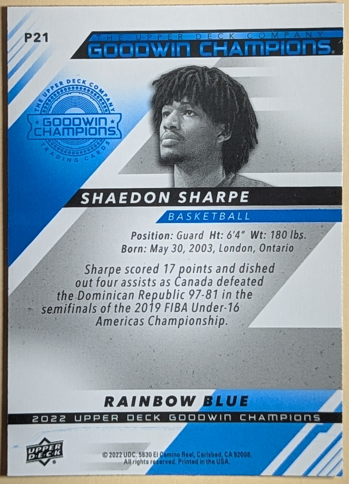2022 Upper Deck Goodwin Champions Platinum Rainbow Blue Shaedon Sharpe Rookie RC image 2