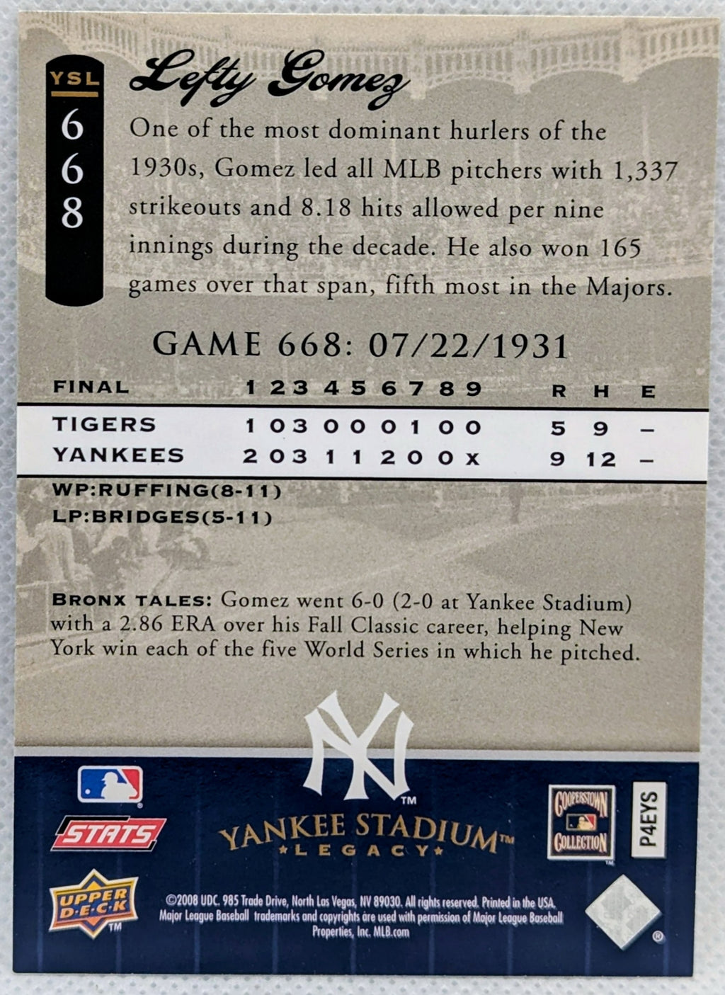 2008 Upper Deck Yankee Stadium Legacy #664 Lefty Gomez New York Yankees 2V image 2